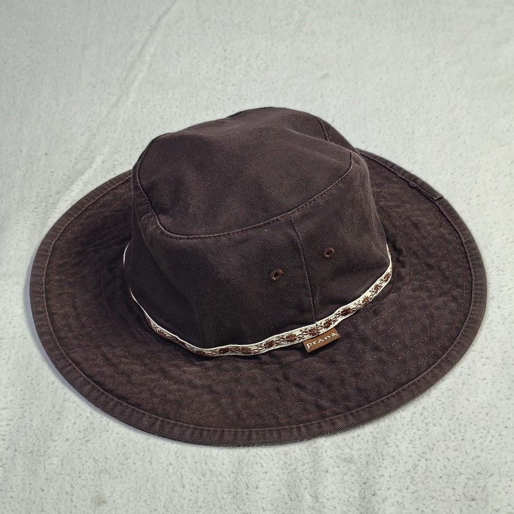 VTG Prana Womens Bucket Hat One Size Brown Cotton Boho Floral Trim Made in USA